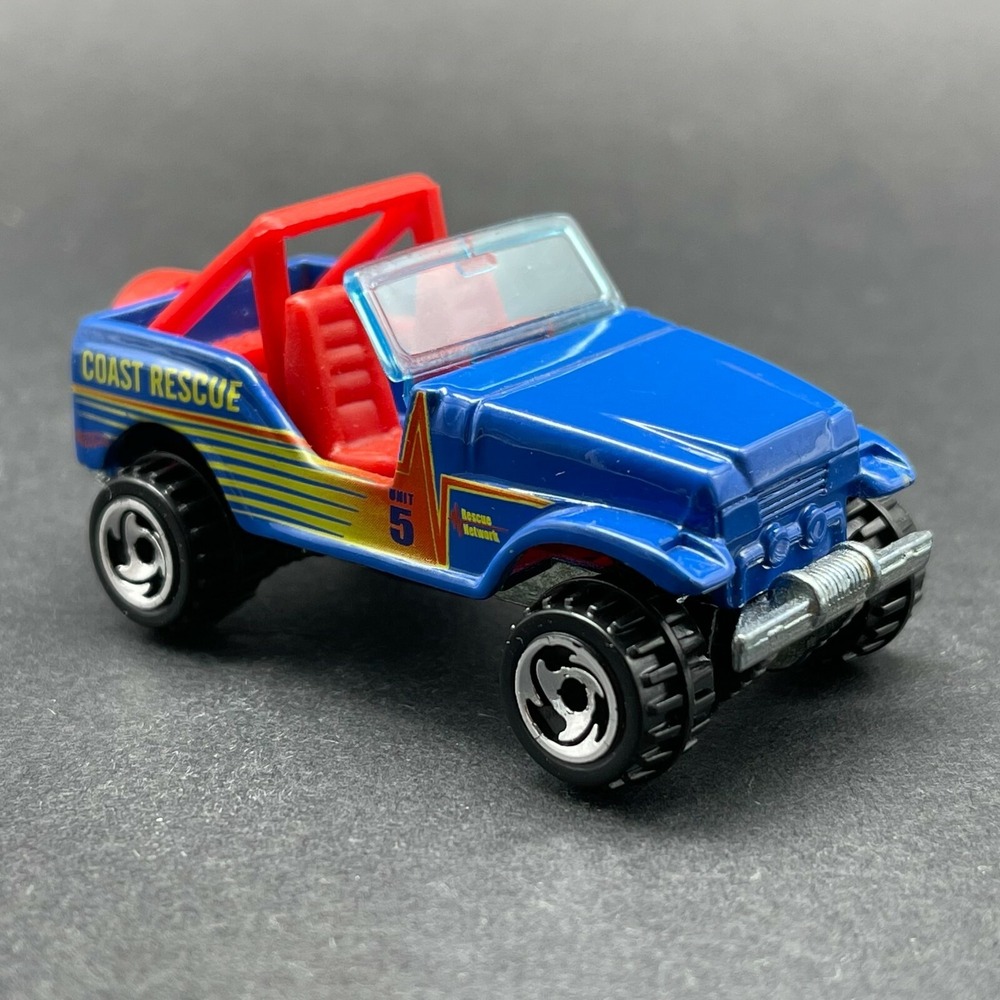Hot Wheels Blue Jeep Wrangler Coast‎ Rescue Red Interior Diecast 1/64 Scale